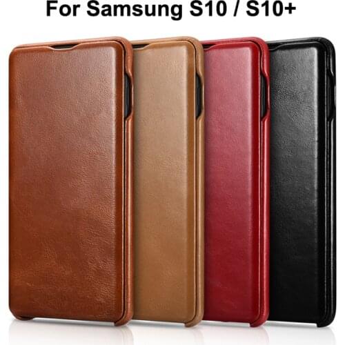 ICarer Case for Samsung S10 S10 Plus Curved Edge Vintage Series Genuine Leather Flip Back Cover Case for Samsung Galaxy S10 Plus