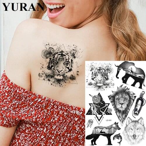 Black Geometric Tiger Lion Tattoos Sticker Women Men Chest Arm Art Fake Tattoo Temporary Waterproof Interstellar Animals Tatoos