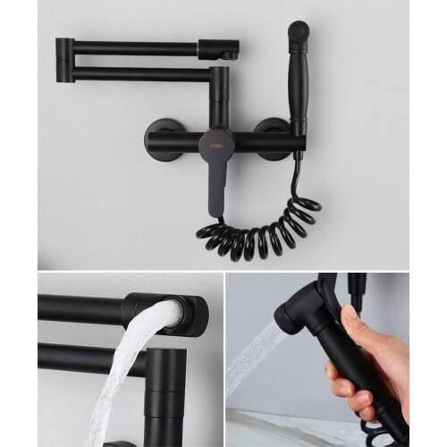 Black Wall mounted brass kitchen sink faucet Multifunctional kitchen mixer faucet with brass handheld sprayer,Rotatable Foldable