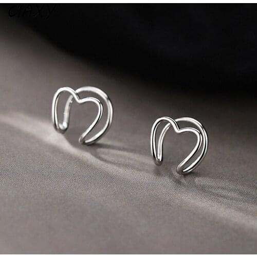 CIAXY 925 Sterling Silver Geometric Heart-shaped Earrings for Women Hollow Design Small Earring Cuff Fashion Simple Jewelry