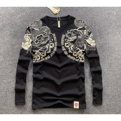 Japanese Dragon Painted Lotus Tattoo Long Sleeve T-shirt Men Casual Cotton T shirts Retro Wave Print Hip Hop Tops Tees Shirt