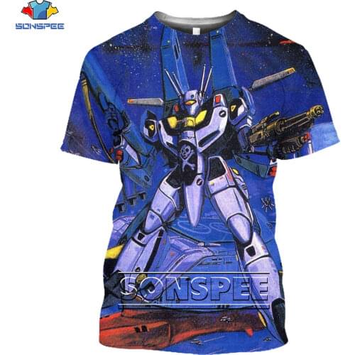 SONSPEE 3D Anime Macross Print T-shirt Harajuku Sci-Fi Mecha Fighter Casual Tee New Casual Trend Oversized Mens Womens Tops