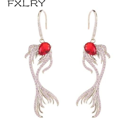 FXLRY High Quality Inlaid Zircon Long Red Koi Fish Ear Hook Drop Earring For Women Party Jewelry