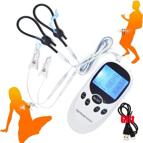 USB Charge Electric Shock Penis Ring Nipple Clamp E-Stim Cock Enlargement Delay Ring Breast Massage SM Sex Tools For Women Men