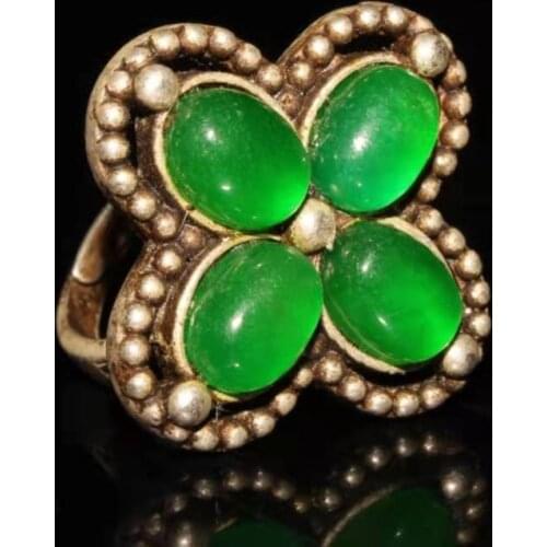 Collection Chinese old Tibetan silver inlaid green stone jade flower shaped ring ornament