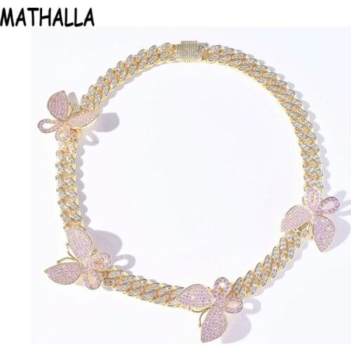MATHALLA Statement Hiphop Jewelry Mens Brass Iced Out Pink CZ Butterfly Charm Micro Paved Zircon Cuban Link Chain Necklace Joyas