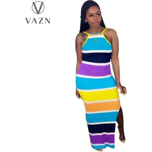 VAZN Summer 2021 European and American Sexy Hollow Positioning Print Striped Print Dress Fashion Slit One-Step Long Dress