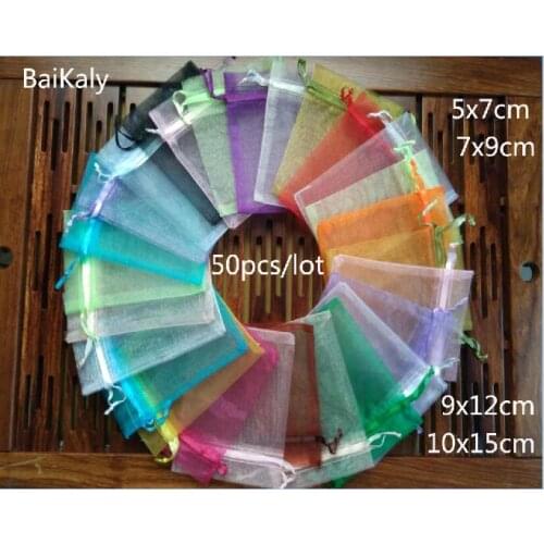 New Hot 50pcs/lot 5x7 7x9 9x12 10x15cm Drawable Organza Bags Wedding Christmas Gift Bags Jewelry Packaging Organza Bag & Pouches