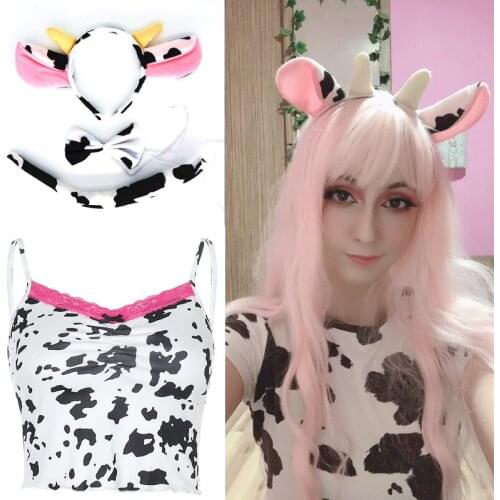 Lolita Girl Cute Milk Tank Top Suit Underwear Sexy Set Anime Cow Cosplay Halloween Costume For Women Headband Tail Bow