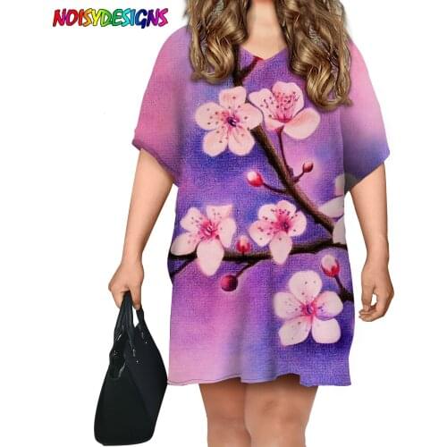 NOISYDESIGNS Women Casual Short Sleeve Dress Summer Cherry Blossom Print Knee-Length Ladies Streetwear Plus Size Femme Dresses
