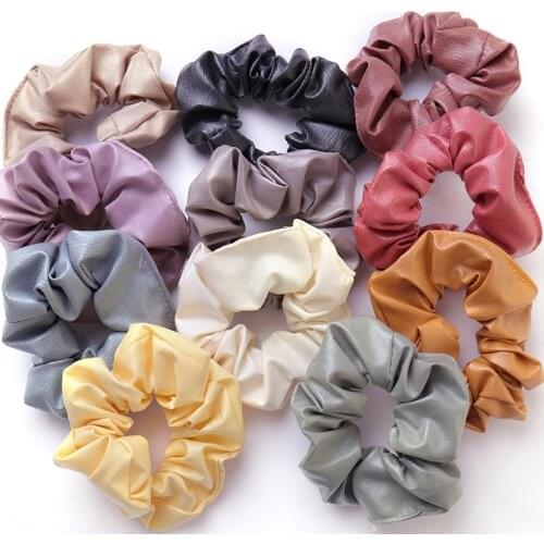 2021New Leather Satin Hair Scrunchies Women Elastic Hair Bands Solid Color Hair Ring Rope Girls Hair accessories Ponytail Holder