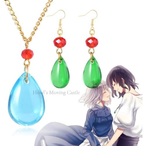 MIDY Anime Howls Moving Castle Necklaces Oorbellen Howl Cosplay Costumes Pendant Necklace Ear Clip Set Women Jewelry Gift