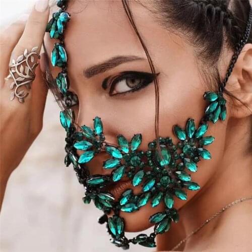 Luxury Black Rhinestone Face Jewelry Mask Decoration for Women Party Handmade Green Crystal Masquerade Mask Face Accessories