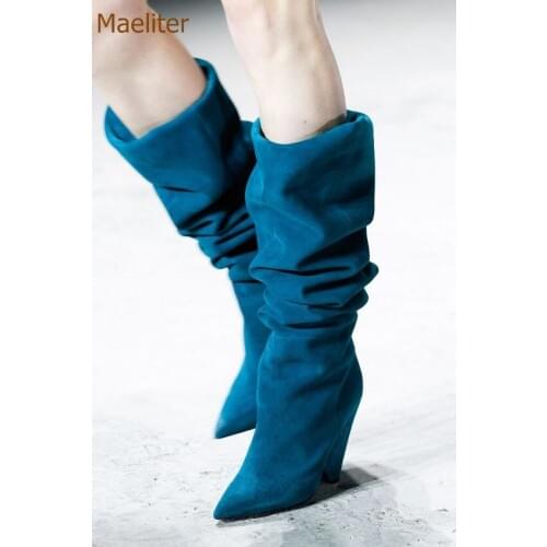 Lake Blue Suede Spike Heel Knee High Boots Women Luxurious Pointed Toe Pleated Loose Boots Brown Black Folded Banquet Shoes