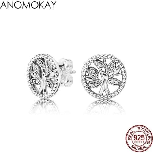 Anomokay Real 925 Sterling Silver Autumn Tree of Life Stud Earrings for Women 925 Silver Round Earring for Wedding Party Jewelry