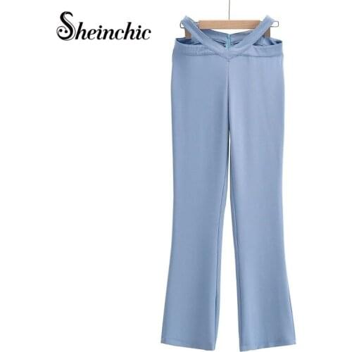 Sheinchic 2021 New Fashion Hollow Out High Waist Vintage Flare Pants Womens Zipper Fly Female Trousers Mujer
