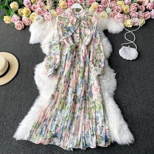 Lace Up Bow Collar Long Sleeve Summer Chiffon Pleated Dress Long Sleeve Slim Casual Bright Elegant Floral Vestidos