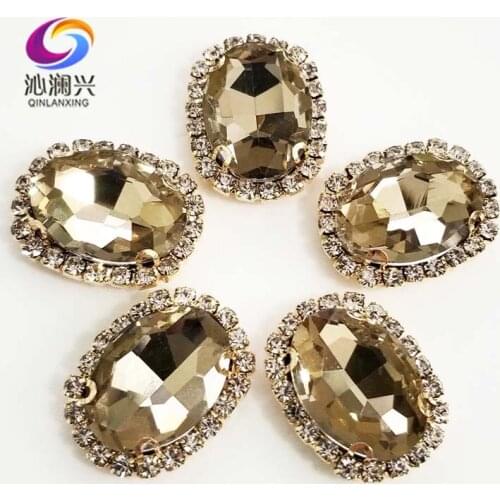 Light coffe oval shape top quality Glass Crystal buckle,golden bottom sew on rhinestones,Diy/Clothing/wedding decoration
