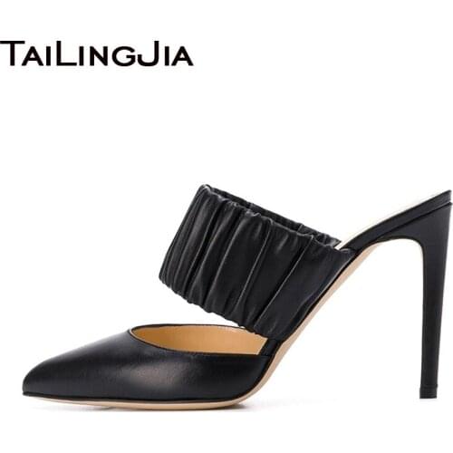 Pointed toe Mules Pumps Heels for Women 2020 Ladies Black PU Leather Slip on Mule Shoes Elegant Large Size Stilettos Heels Shoe