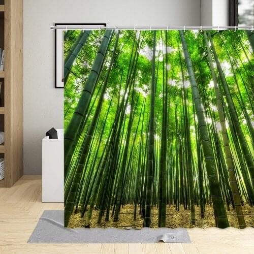 Nature Forest Shower Curtain Bamboo Landscape Sunlight Intake Pattern Bathroom Curtains Washable With Hook Polyester Home Decor