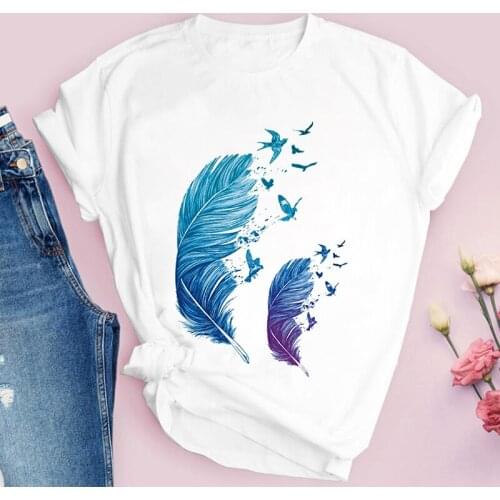 Blue Feather Graphic Print T-shirt Women Harajuku Aesthetic White Tops Casual Tshirt 2021 New Summer Fashion Y2k Female T Shirt