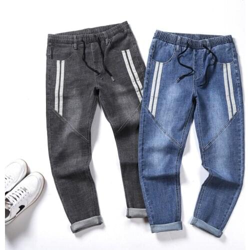 Plus Size M-10XL spring and summer 2021 Fashion drawstring mens small feet denim trousers tie pants slim street teenagers arehm