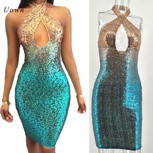 Halter Sparkly Sequin Dress Women Strapless Sleeveless Hollow out Glitter Bodycon Dress Summer Night out Party Sexy Club Dresses