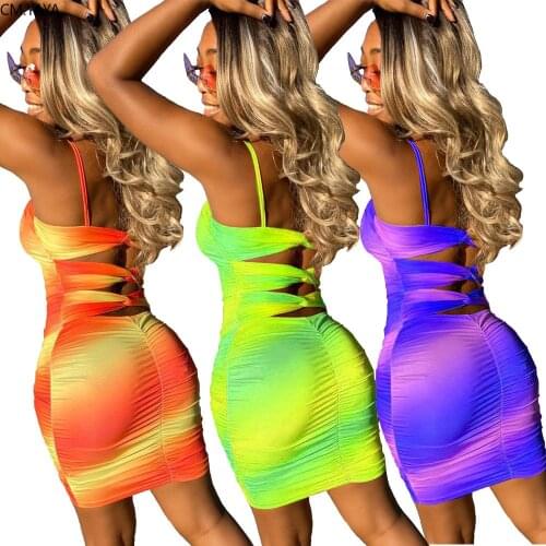 CM.YAYA Women Gradient Tie Dye Sexy Party Club Spaghetti Strap Open Back Stacked Hollow Out Sleeveless Bodycon Midi Mini Dress