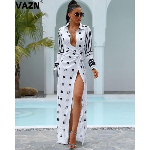 VAZN 2020 Autumn New Free High Quality Chiffon Holiday Sweet Young V-Neck Full Sleeve Women High Waist Straight Maxi Dress