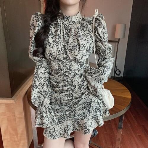 2021 Autumn Spring Women Draped Mini Dress Lady French Style Vintage Floral Chiffon Dresses Long Sleeve Elegant Slim Vestidos