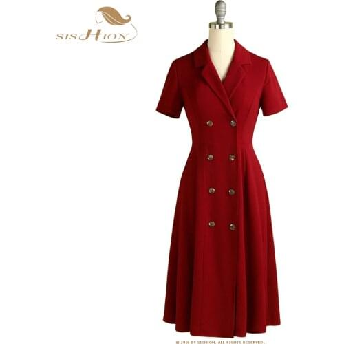 SISHION Office Ladies Wine Red Dress VD1638 Double Breasted Suit Collar Dresses for Women y2k Party OL Vintage Party