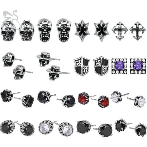 ZS 2 Pcs/lot Punk Style Skeleton Stud Earrings Stainless Steel Skull Ear Stud Vintage Round CZ Crystal Earring Brincos Clearance