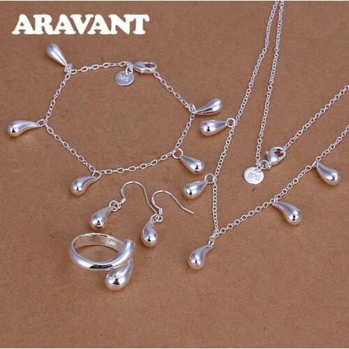 Fashion 925 Silver Jewelry Set Water Drop Necklace Chains Rings Bracelet Earrings Set For Women Fashion Wedding Jewelry Gifts