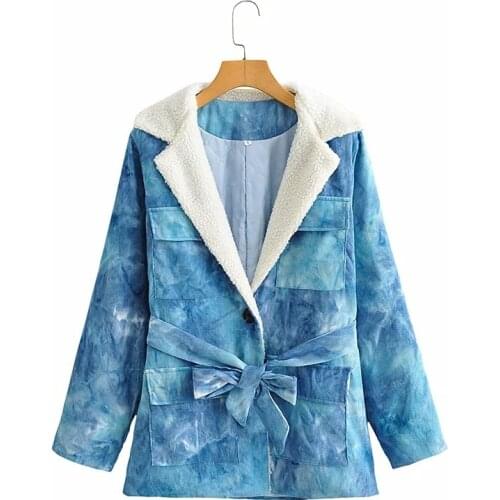 American corduroy tie dyed cotton padded jacket womens 2021 winter new lamb wool joint bag medium length warm jacket