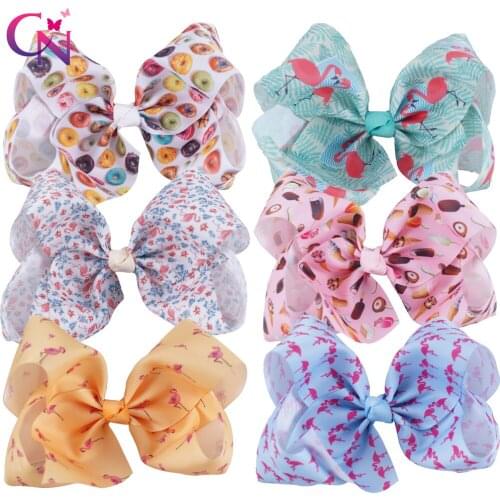 6 Pieces/lot 7" Flamingo Hair Bows With Clips For Kids Girls Boutique Large Printed Ribbon Knot Bows Hairgrips Hair Accessories