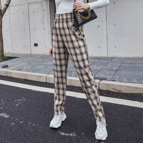 Plaid High Waist Pants Trousers Women Sweatpants Harajuku Joggers Elastic Waist Harem Pants 2021 Summer Korean Japanese