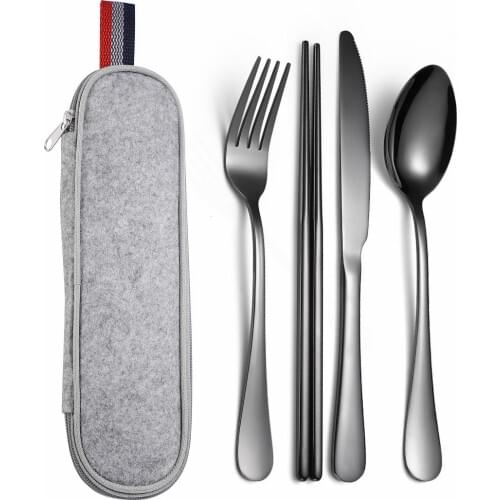 Black Cutlery Set Portable Travel Cutlery Set Stainless Steel Dinner Cutlery Bag Fork Spoons Knives Dinnerware Set Chopsticks