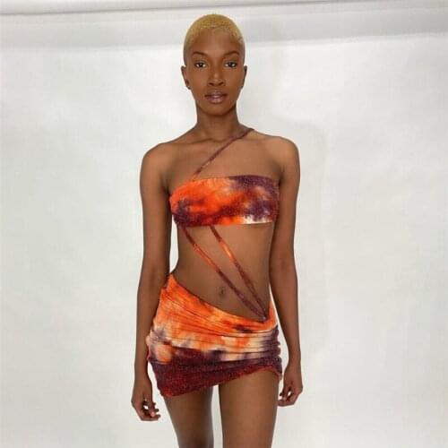 CHRONSTYLE Tie Dyeing Print Off Shoulder Sexy Women Dress Summer 2021 New Single Strap Waist Hollow Out Bodycon Short Mini Dress