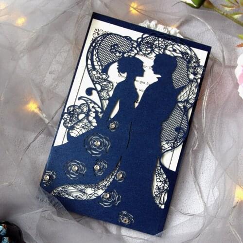 Elegant groom and bride Laser cut wedding invitation card With Diamods Valentines Day Favor Wedding Decoration Party Supplies