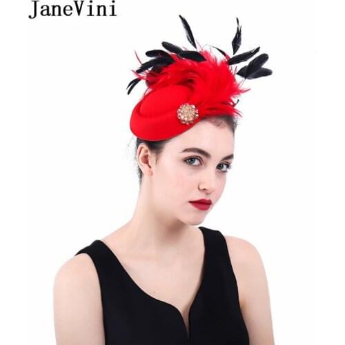JaneVini Elegant Fascinators Red Wool Felt Bridal Hats 2019 Mesh Fedoras Hat Beaded and Feathers Wedding Party Hair Accessories