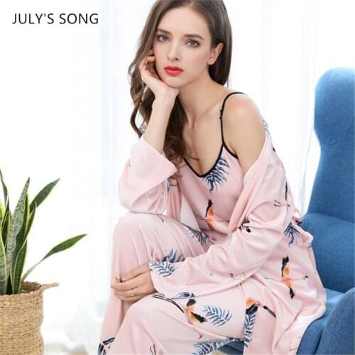 JULYS SONG Velvet Pajamas Set 3 Pieces Women Sleepwear Autumn Winter Sling Elegant Printing Nightwear Warm Robe Set Sleepwear