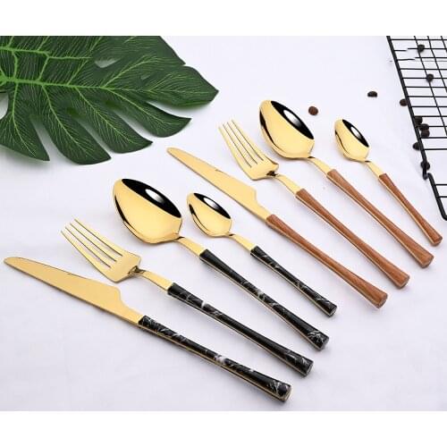 New Style 1/4/6/8 Set Dinnerware Cutlery Set Stainless Steel Black Gold Wooden Tableware Western Food Knife Fork Spoon Flatware