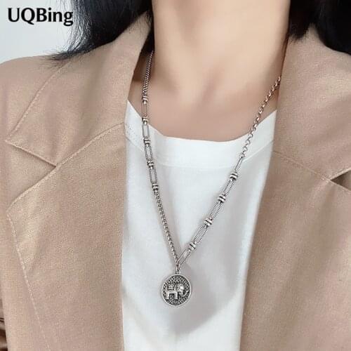 Wholesale 925 Sterling Silver Round Elephant Engraved Pendant Necklaces For Women Party Gifts Jewelry