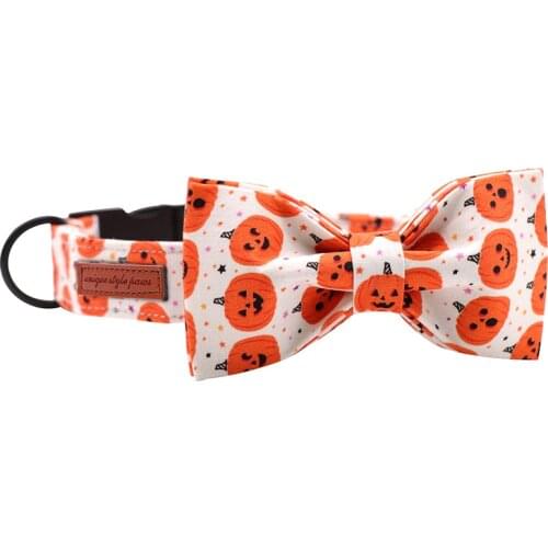Halloween Pumpkin Cotton Fabric Dog Collar and Leash Set with Bow Tie for Big and Small Dog Metal Buckle Pet Accessories
