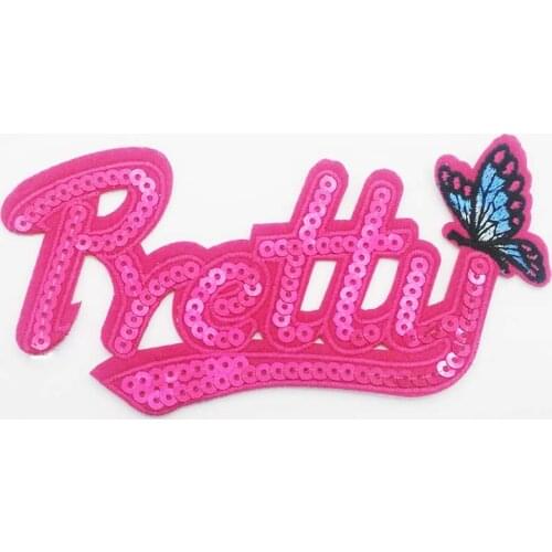 Paillette Iron on Patch Words Letters Pretty Love Embroidered Clothes Patch For Clothing Girls Women