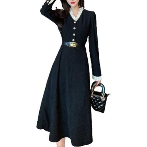 PERHAPS U Elegant Corduroy Black Lace Ruffles V-Neck Long Sleeve Lace Cuff Buttons Belt Slim A-Line Big Hem Long Dress D3061