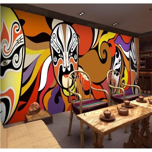 Drop Shipping Custom Photo Wallpaper Chinese Style Opera Mask Murals Hot Pot Restaurant Decoration Wallpaper High Quality Mural