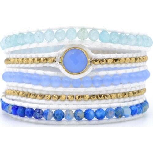 Dropshipping Boho Aquamarine Bracelet Non-leather Vintage Bracelet Natural Stone 5-Strand Wrap Bracelet