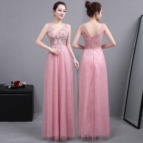 Pink Lace Embroidery Cheongsam Long Evening Dresses Qi Pao Women Traditional Chinese Dress Qipao Promotion Party V Neck Robe