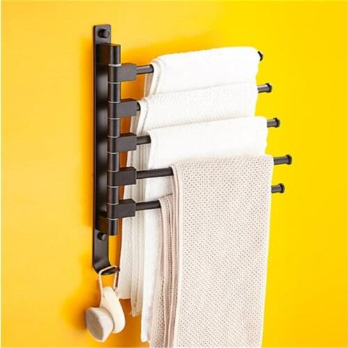 Folding Movable Bath Towel Bars Aluminum Bathroom Towel Racks Black Towel Hanger Wall Mounted 2-5 Layers Rotatable Towel Holder